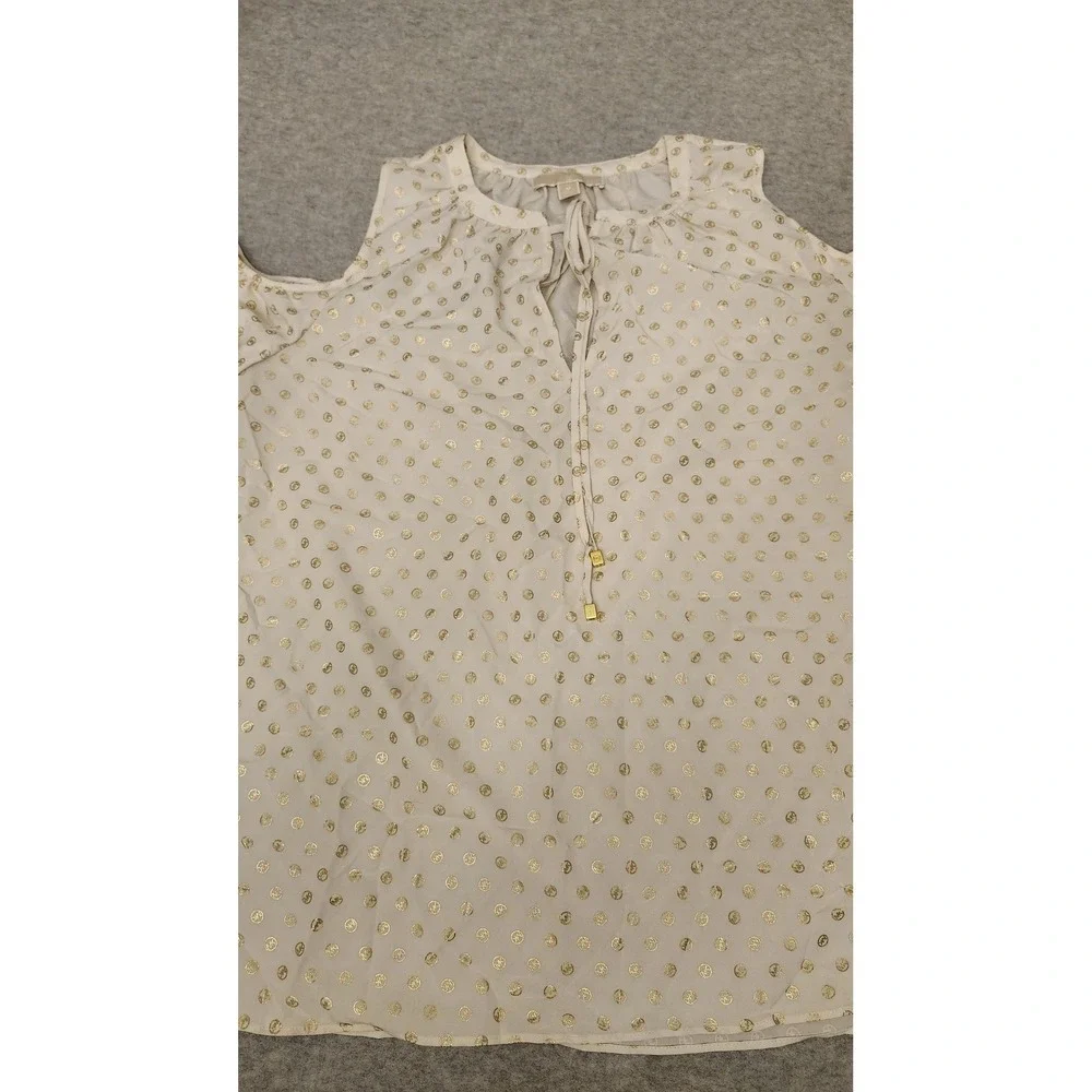 Michael Kors Shirt Womens Medium  Gold Logo Cold Shoulder Tie Neck Foil‎